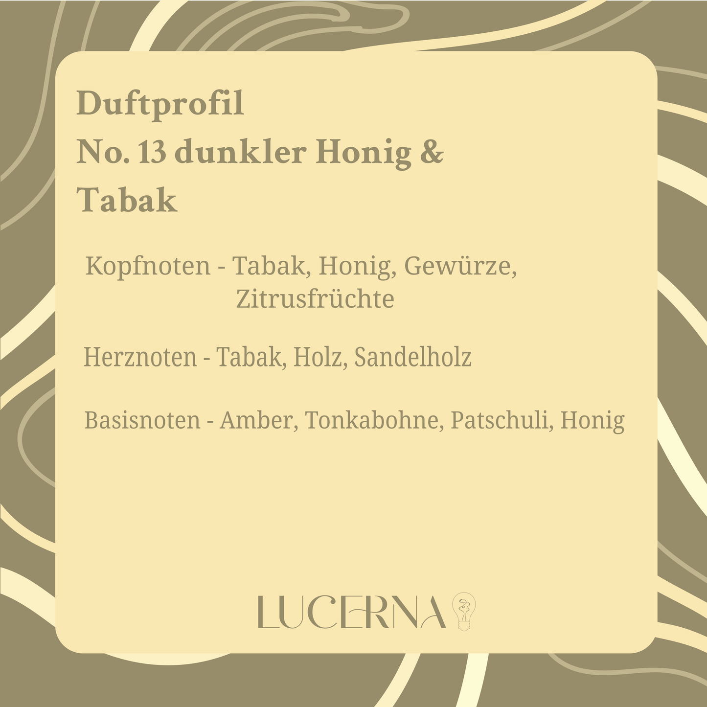 Handgegossene Duftkerze von Lucerna im braunen Apothekerglas mit Holzdocht und Korkdeckel, Duftnote No. 13 dunkler Honig & Tabak