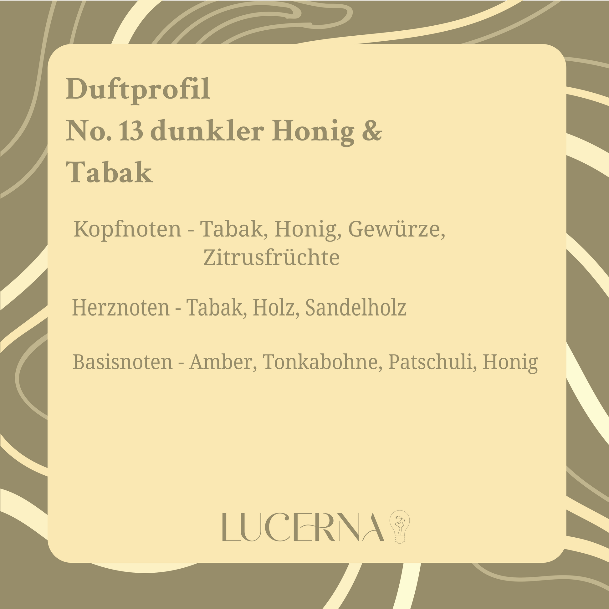 Handgegossene Duftkerze von Lucerna im braunen Apothekerglas mit Holzdocht und Korkdeckel, Duftnote No. 13 dunkler Honig & Tabak