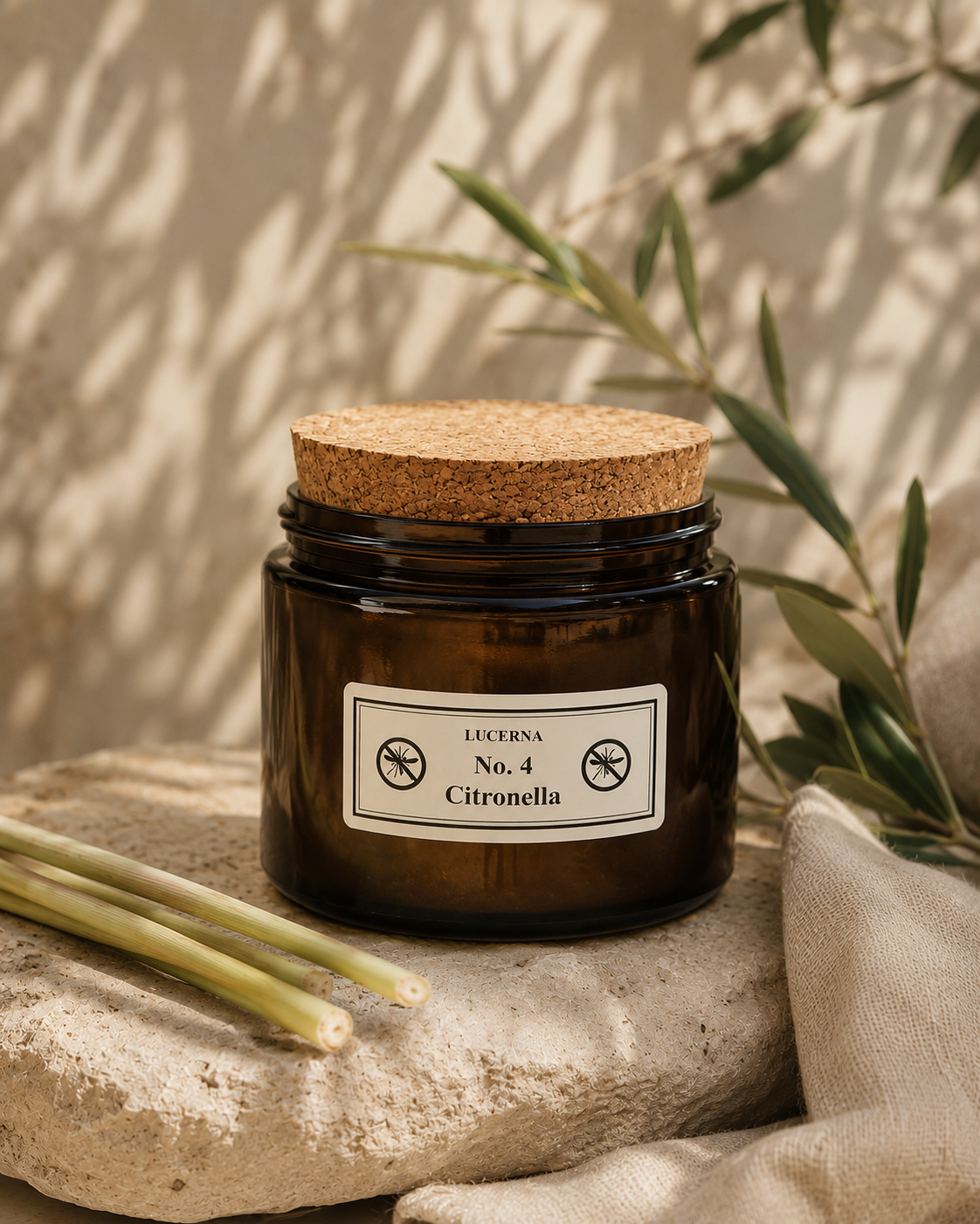 Große Lucerna Citronella Duftkerze 180 g im Amberglas mit Korkdeckel. Ideal für Sommerabende auf Terrasse, Balkon und im Garten.