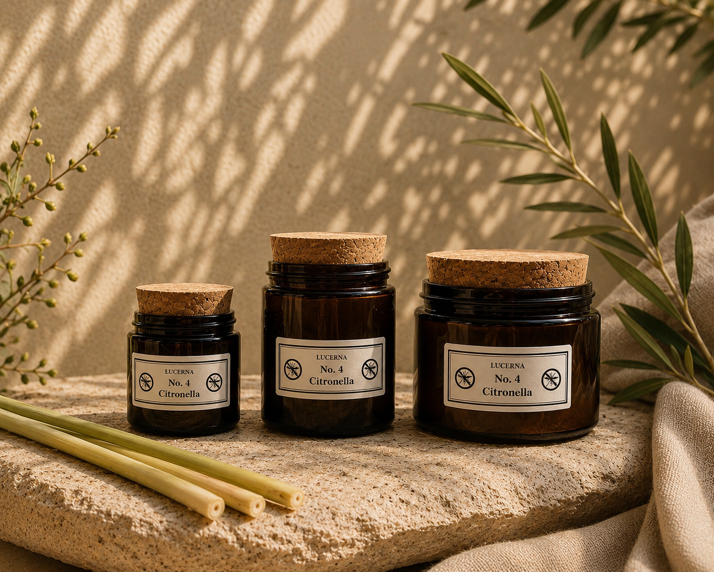 Lucerna Citronella Duftkerzen Kollektion mit 80 g, 120 g und 180 g Kerzen im Braunglas. Natürlicher Mückenschutz und stilvolle Sommerdekoration für Terrasse und Garten.